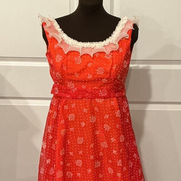 Nadine Vintage 60s 70s Red White Lace Ruffle Formal Prom Prairie Dress Size 5 - Picture 4 of 16